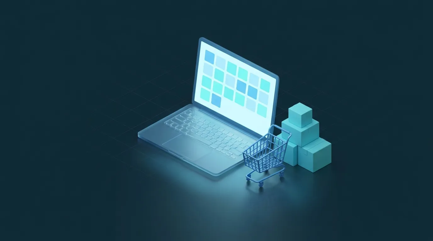 Illustration eines Laptops mit Produktkacheln, Einkaufswagen und Paketen
