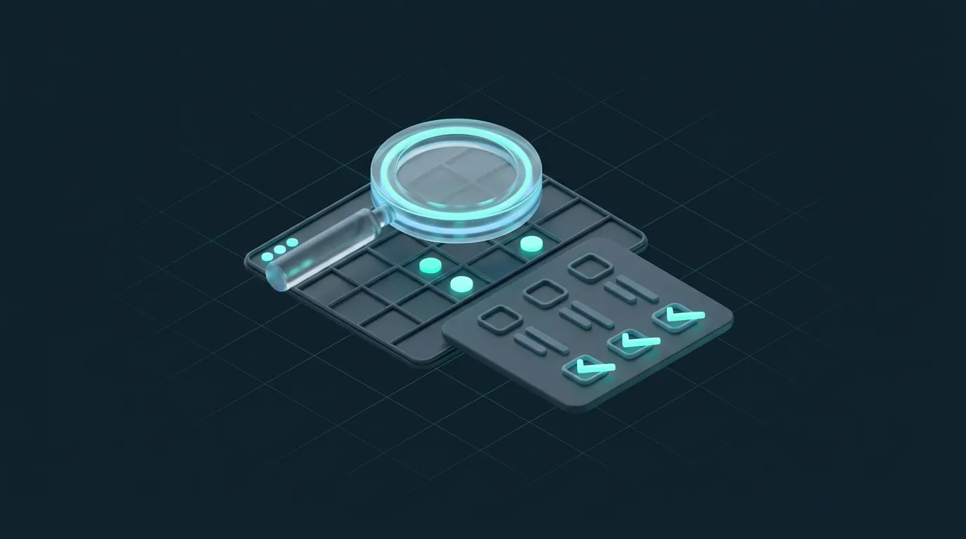 Illustration einer Lupe über dem Gerüst einer Website mit Prüfliste