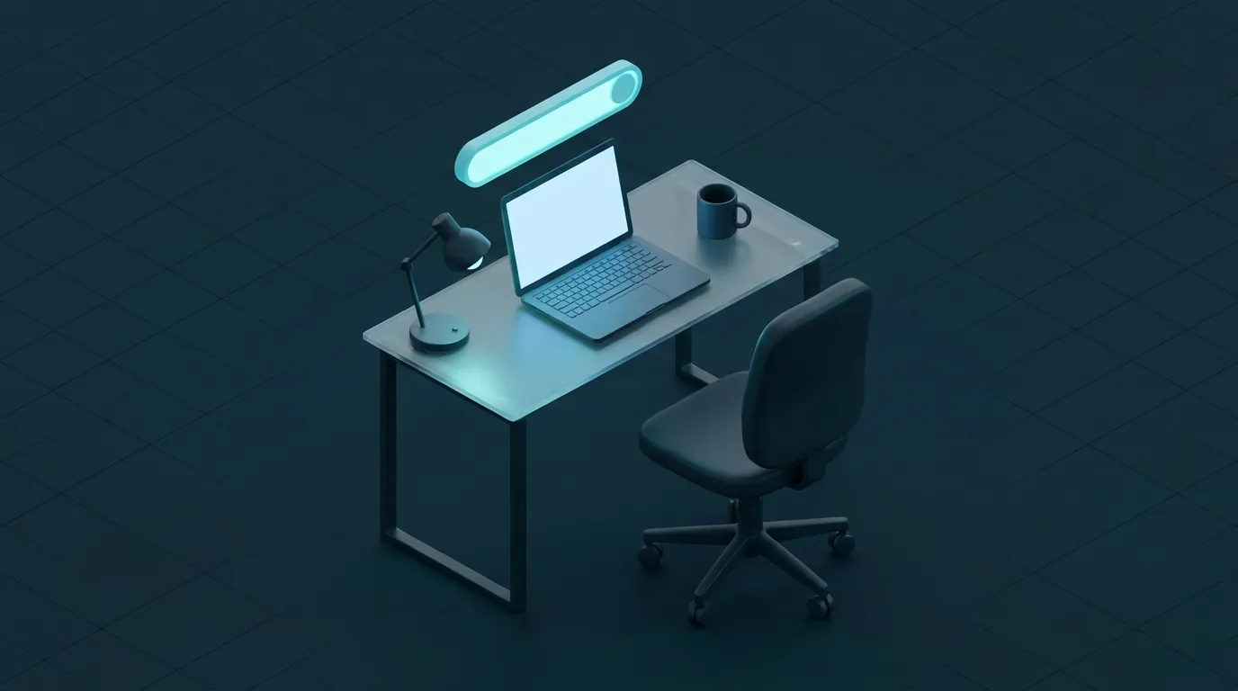 Illustration eines einzelnen Arbeitsplatzes mit Laptop und Suchleiste