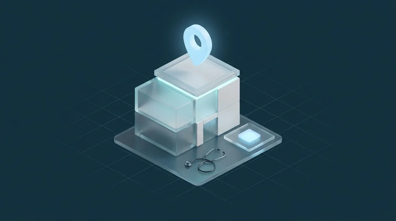 Illustration eines Praxisgebäudes mit Stethoskop und Standort-Pin