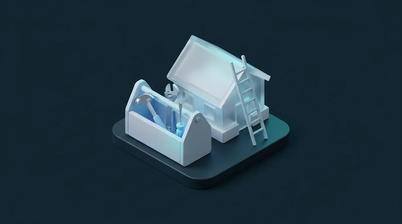 Illustration eines Werkzeugkastens vor einem Haus mit Leiter