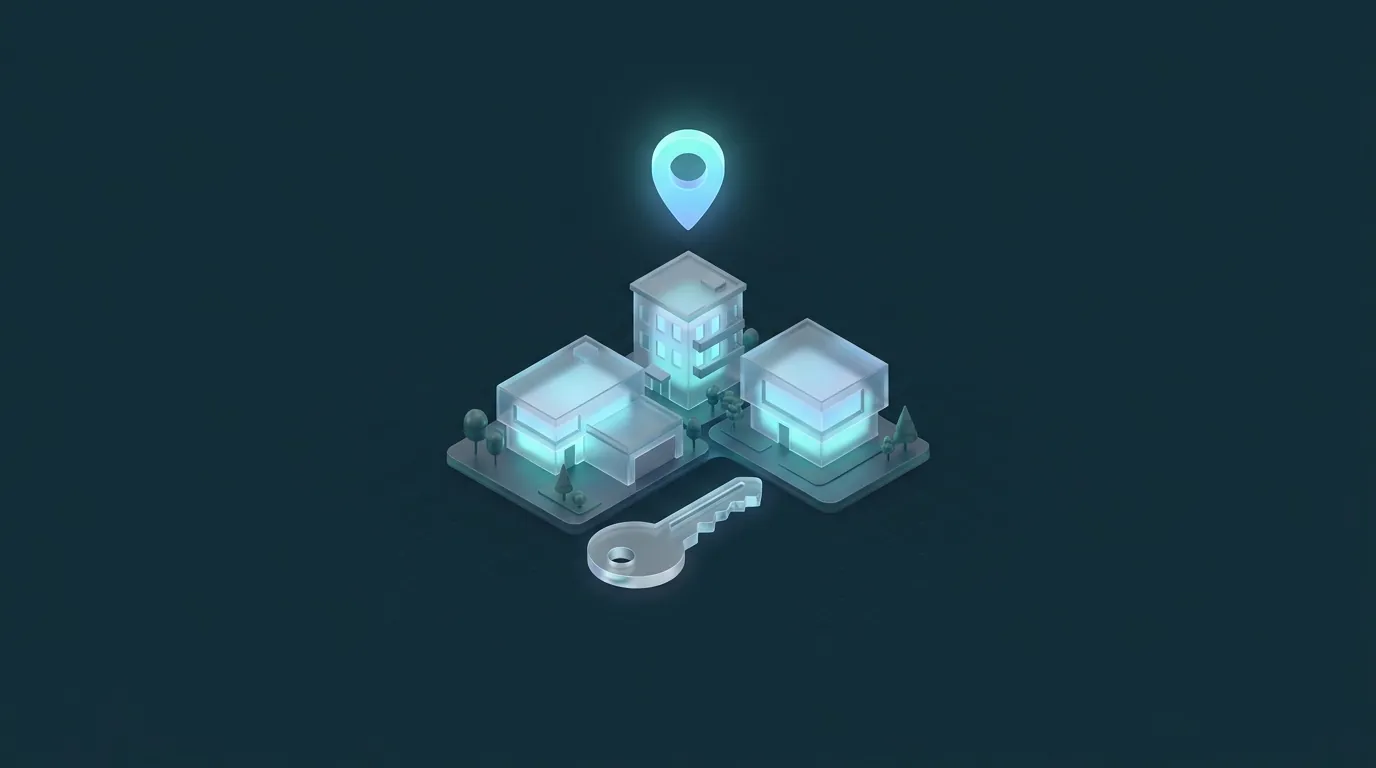Illustration von Wohnhäusern mit Schlüssel und Standort-Pin