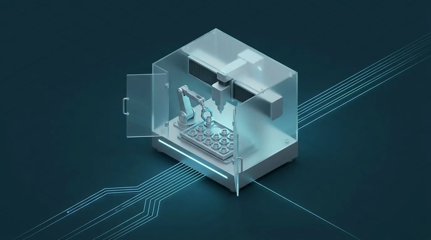 Illustration einer CNC-Fräsmaschine mit Roboterarm und Werkstück
