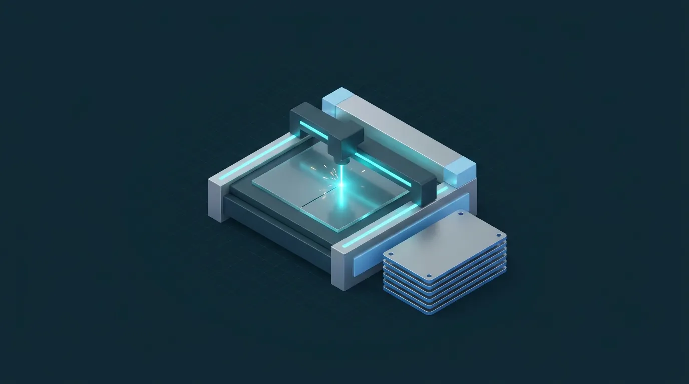 Illustration einer Laserschneidanlage mit geschnittenen Blechteilen