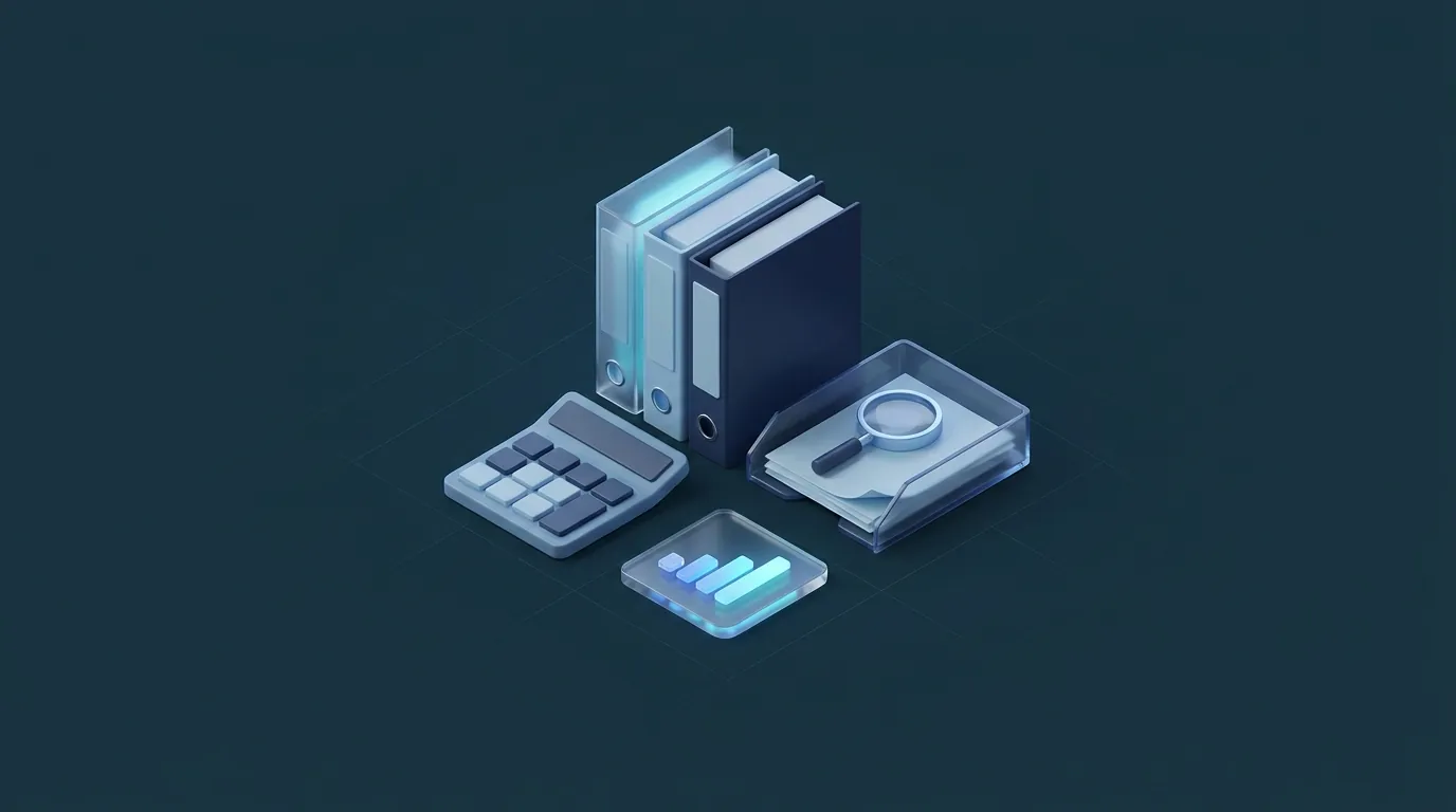 Illustration eines Schreibtischs mit Taschenrechner, Ordnern und Diagramm
