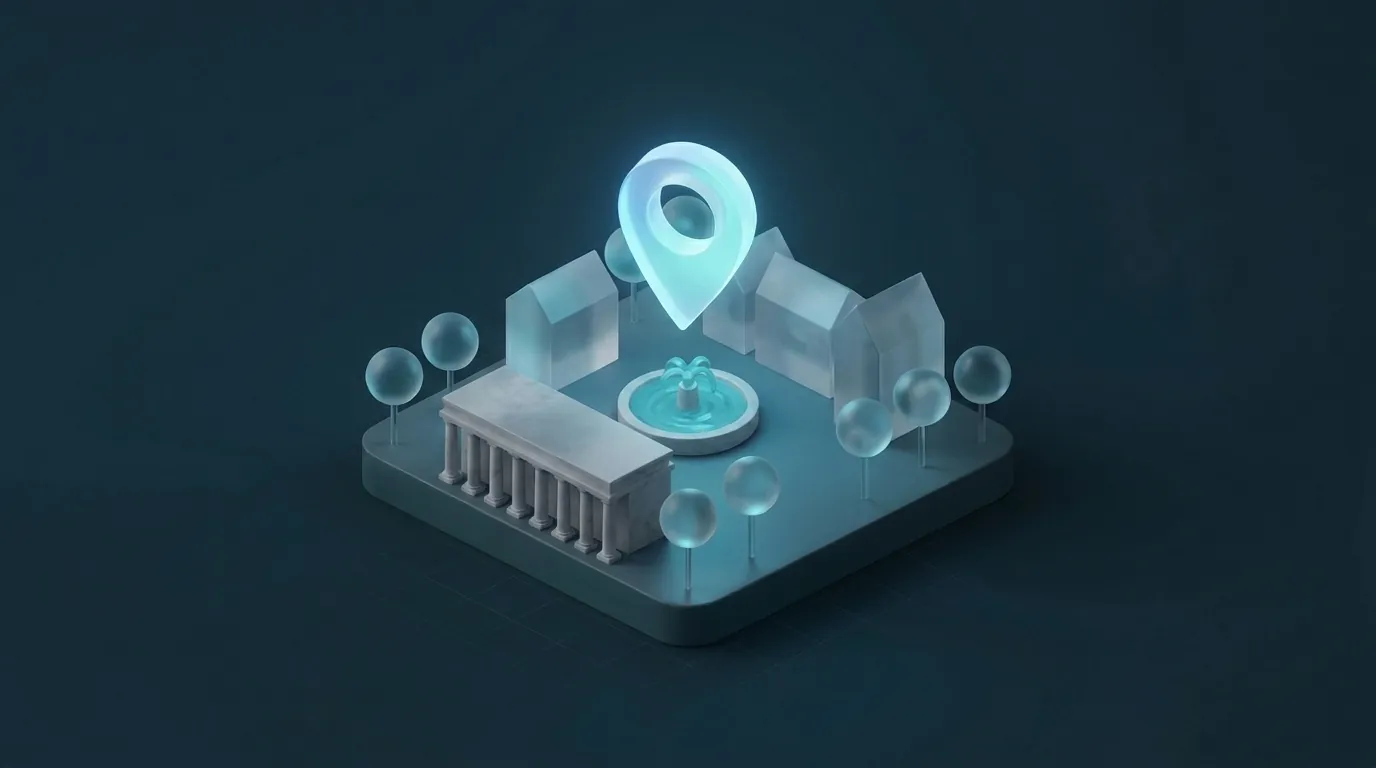 Illustration eines Kurviertels mit Säulenbau, Brunnen und Standort-Pin