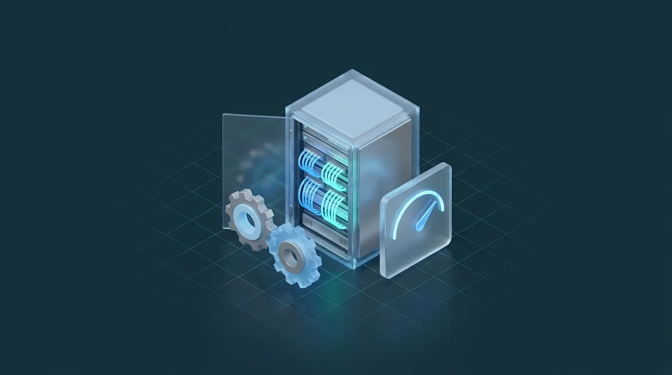 Illustration eines Serverschranks mit Zahnrädern und Tempo-Anzeige